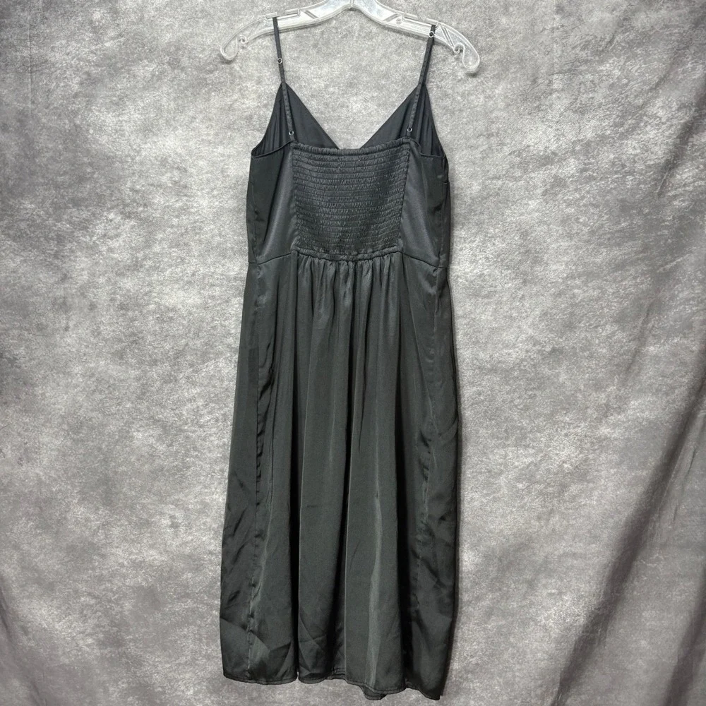 Abercrombie Fitch Black Satin Button Front Midi Slip Dress Size L Smocked Back